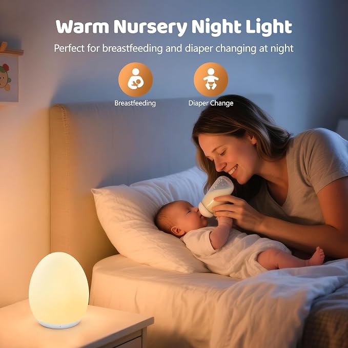 Night Light for Kids, 7 Colors Changing Egg Light for Nursery | Stepless Dimming, Soft Silicone Touch Night Lamp with 1 Hour Timer, Rechargeable Nursery Night for Breastfeeding