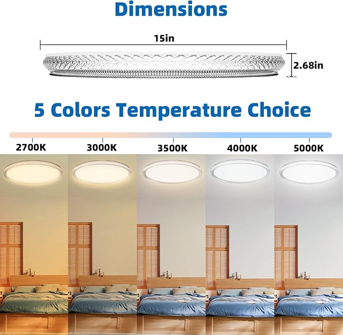 15 Inch LED Flush Mount Ceiling Light,Modern Ceiling Light | 35W 4000LM 5CCT 2700-5000K Selectable, Dimmable Ceiling Lights for Kitchen,Bedroom, Living Room,Office