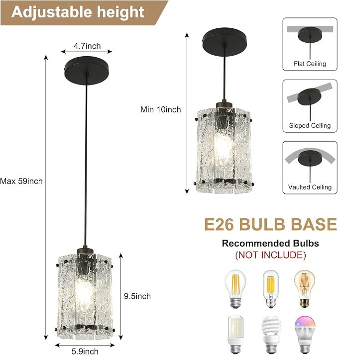 Black Pendant Lights Kitchen Island 1 Pack Modern Water Ripple Glass Pendant Lights Fixtures Round Adjustable Hanging Pendant Lighting for Kitchen Island Dining Room Over Sink Table Entryway