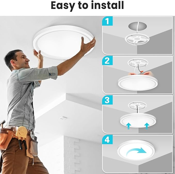 libtit 12 inch Flush Mount LED Ceiling Light Fixture, 3000K 4000K 6500K Adjustable, 28W 3200lm White Round Lighting Fixtures for Bathroom Shower Hallway Kitchen, 4 Pack