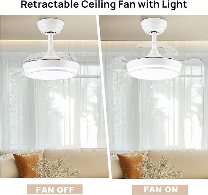 STERREN 30" Retractable Ceiling Fans with Lights, Dimmable LED Ceiling Fan Remote Control, Modern Small Fan Light for Bedroom Living Room Dinning Room Kitchen, 3000K-6500K, 6 Speed (White)