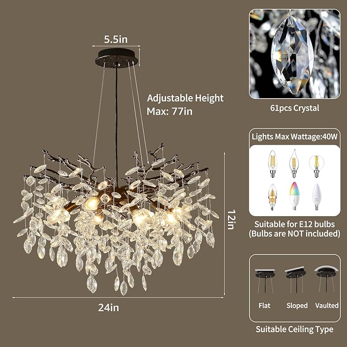 EGM Black 24 Inch Tree Branch Crystal Chandelier, Modern Raindrop Crystal Ceiling Light Fixtures 8-Light(E12), Hanging Round Chandeliers for Dining Room Living Room Bedroom Foyer
