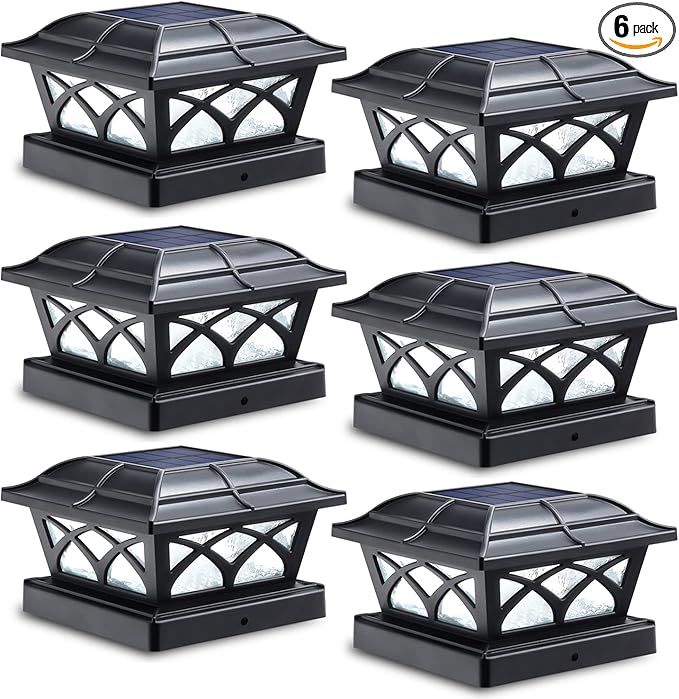 SIEDiNLAR Solar Post Cap Lights Outdoor Glass 2 Color Modes 8 LEDs for 4x4 5x5 6x6 Posts Deck Fence Patio Decoration Warm White & Cool White Lighting Black (6 Pack)