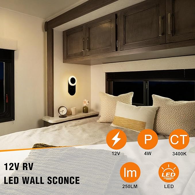 Facon RV Wall Sconce LED Reading Light w/18W USB-C Fast Charger, Dual-Zone Lighting with Independent Switch, 12V Interior Light for RV Camper, Trailer, Motorhome, Tiny Homes