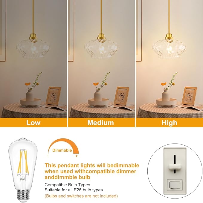Modern Pendant Lights Kitchen Island, Brushed Gold Pendant Light Fixtures with 11" Clear Hammered Glass Shade, Industrial Hanging Pendant Lights Fixture for Kitchen Island Dining Room Hallway Entryway