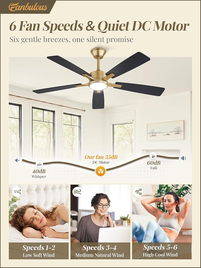 Fanbulous 52 Inch Black and Gold Ceiling Fan with Light, Remote & APP | Stepless CCT & Dimmable Light, 20W LED Ceiling Fan, 6 Speeds, Reversible Quiet DC Motor, for Bedroom, Living Room, Apartment
