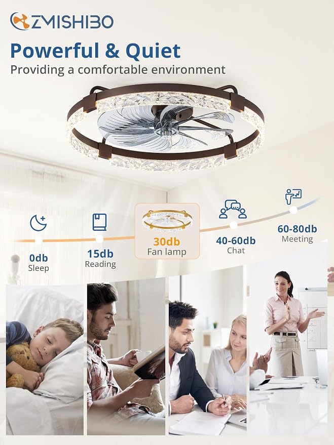 ZMISHIBO 24 Inch Ceiling Fans with Lights, Flush Mount Remote & App Control | 3CCT Dimmable LED, DC Motor, Bladeless, Reversible Blade, 6 Speeds, Modern, Low Profile, Enclosed, Bedroom, Kids, Girl, Adult