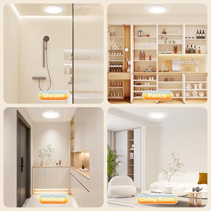 2Pack Rechargeable Magnetic Ceiling Light/Shower Light with Remote | Motion Sensor, Wireless, Power Indicator, Waterproof, Battery-Powered LED, 3 Color, Dimmable, Closet, Pantry, Hallway, Patio