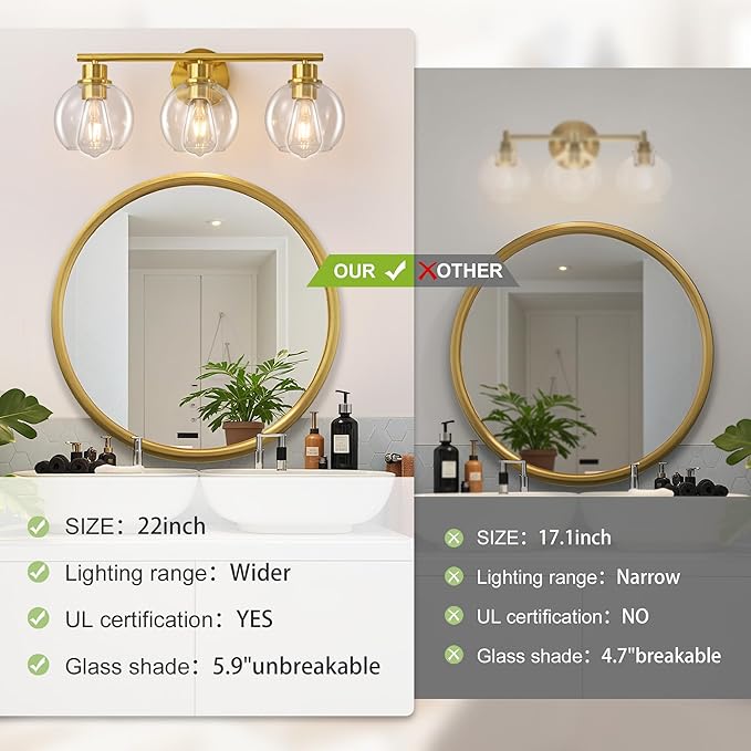 22" Bathroom Light Fixtures, 3-Lights Bathroom Vanity Light Over Mirror with Clear Glass Shade, Modern Gold Wall Sconce Vanity Lighting for Bath, Kitchen, Living Room, Hallway