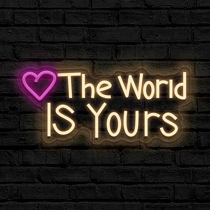 The World IS Yours neon sign, suitable for classroom wall decoration, back-to-school season, graduation season, student gifts. Dimmable, USB powered, pink heart-shaped inspirational neon light.