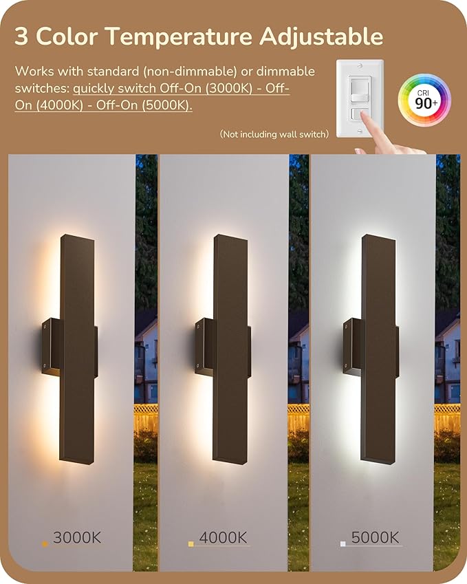 EDISHINE 2 Pack LED Outdoor Wall Lights Dimmable, 15.7" Rectangular Modern Exterior Wall Light, 3CCT, Iron & PC, IP65 Waterproof Outdoor Wall Sconce for Patio, Corridor, Oil Rubbed Bronze
