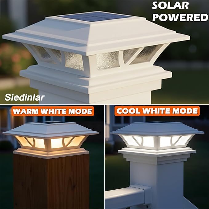 SIEDiNLAR Solar Post Lights Outdoor 2 Modes LED Fence Deck Cap Light for 4x4 5x5 6x6 Posts Garden Patio Decoration Warm White/Cool White Lighting White (6 Pack)