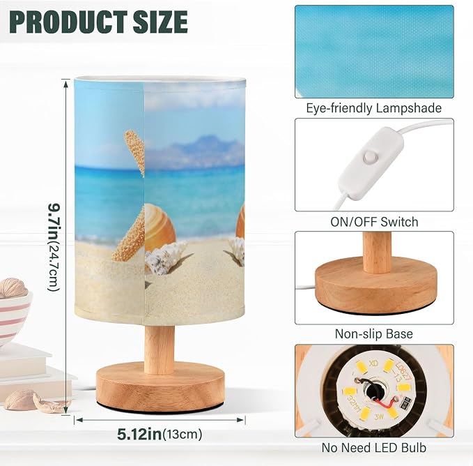 Table Lamp Ocean Beach Starfish Seashell Stone Blue Sky Nightstand Lamp with Wood Base Fabric Lamp Shade Bedside Desk Lamp for Living Room Bedroom Kids Room Office