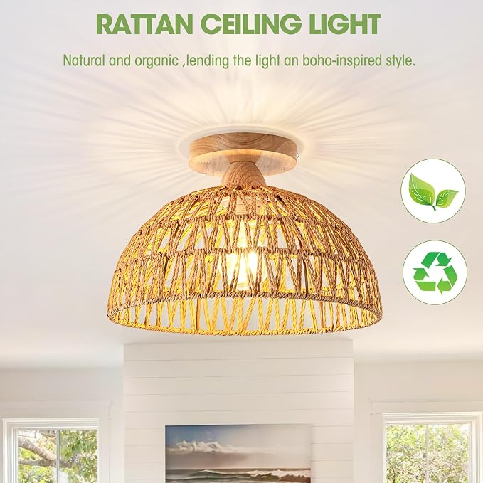 2 Packs Boho Light Rattan Chandelier Ceiling Lighting Fixtures,Boho Lamp Shade Flush Mount Ceiling Light Hand-Woven Small Chandelier for Hallway Bedroom Kitchen Nursery Lights