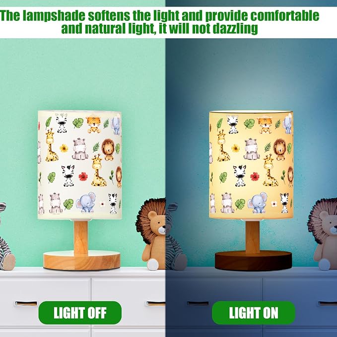 Safari Animal Kids Table Lamp for Bedroom Kids Bedside Lamp with Linen Wooden Nightstand Cartoon Nursery Lampshade for Girls Boys Living Room