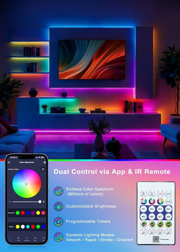 32.8FT RGB+IC LED Neon Rope Light Strip with Remote | Multiple Modes,5v USB Powered,Music Sync,For Living Room,Bedroom, Party & Holiday Decoration