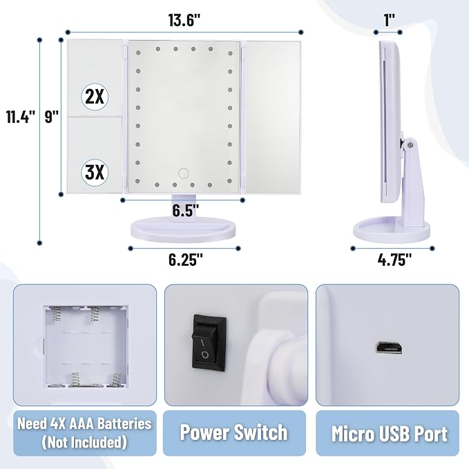 Ms. Pen- Tri-Fold Makeup Mirror Vanity with Lights, 9" x 13.6" | 1X/2X/3X/10X Magnification, 24 LED Touch Screen, Dual Power Supply, 180° Rotation