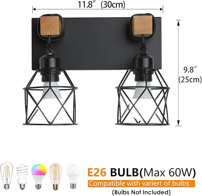 Farmhouse Vanity Light Fixture,2-Light Bathroom Lighting,Black Industrial Wood Wall Light Over Mirror with Metal Shade
