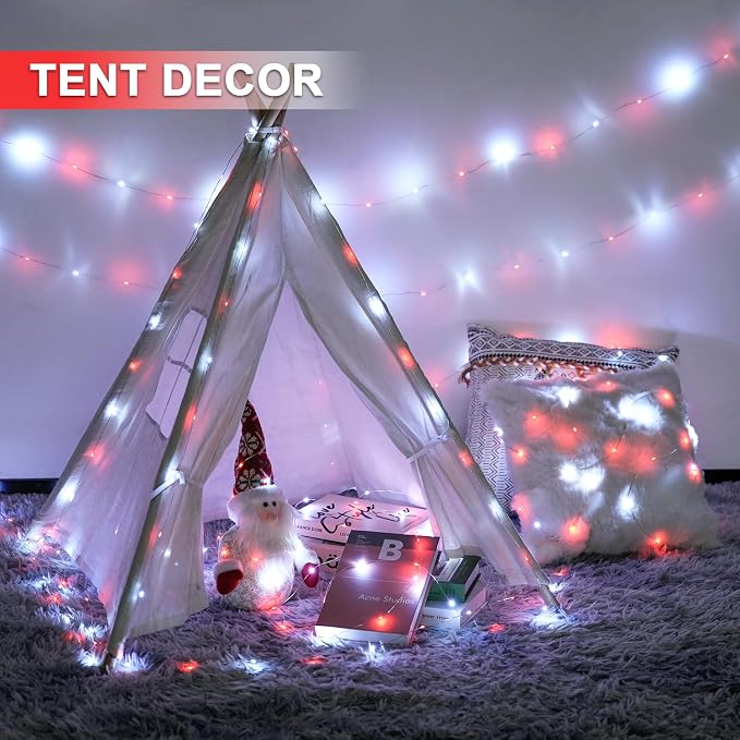 JMEXSUSS 2 Pack Fairy Lights Battery Operated, Red & White Christmas Lights | Total 200LED 66ft, Remote Control, Waterproof 8 Modes, Twinkle Lights for Bedroom Wreath Mantel Christmas Tree Decor