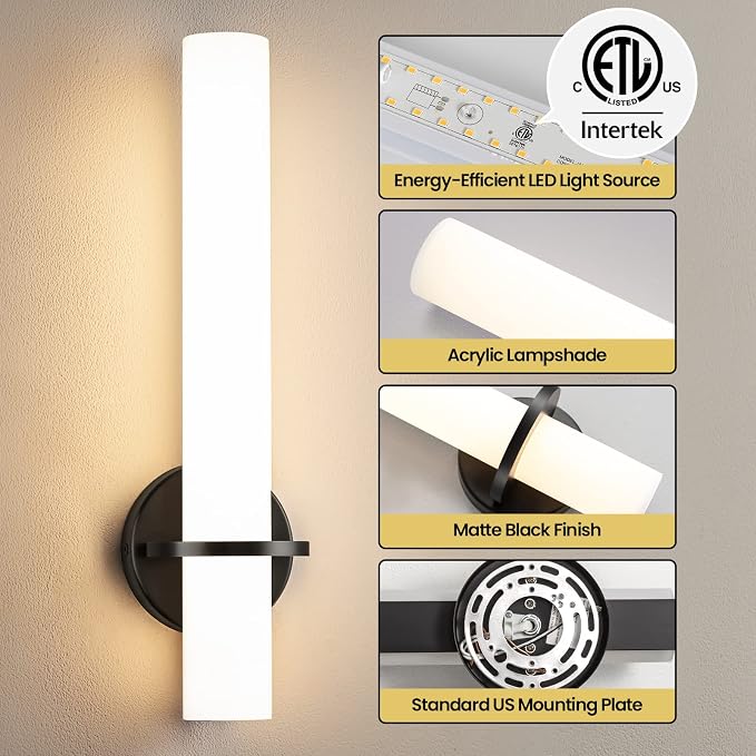 AIJIASI 18 Inch Wall Sconces Set of Two, Black Bathroom Sconces 18W 2700K-5000K LED Dimmable Modern Wall Sconces with Acrylic Shade for Bedroom Living Room Hallway Stairway