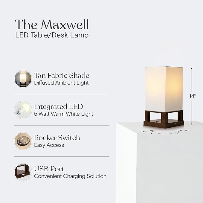 Brightech Maxwell Bedside Lamp with USB Port – Compact Table Lamp for Bedroom, Living Room - Modern Asian Nightstand Lamp with Wood Frame - LED Bulb, Soft Light - Havana Brown