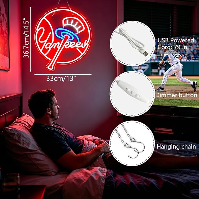 AHlove YANKEES Neon Signs for Wall Decor，Baseball Team Neon Lights for Bedroom，LED Signs Suitable for Man Cave，5V Power Adapter，Birthday、Christmas Gifts for Boys 13 * 15Inch(red+blue+white)