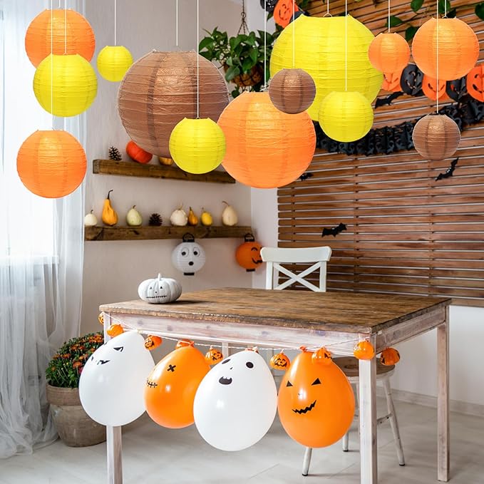 21 Pcs Fall Paper Lanterns Party Decorations, 4/6/8/10 Inch Yellow Orange and Brown Thanksgiving Decorations Autumn Hanging Paper Lanterns for Harvest Theme Party, Wedding, Birthday, Baby Shower
