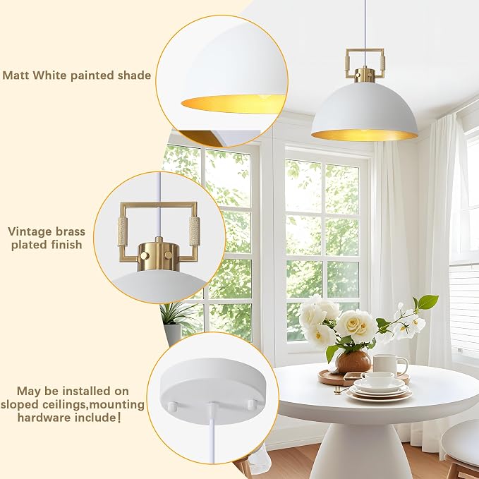 12'' Farmhouse Pendant Light 2 Pack White and Gold for Kitchen Island, Dome Industrial Metal Hanging Lighting Fixtures, Adjustable Height Dining Room Chandelier for Hallway and Foyer