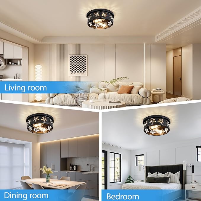 10.6 Inch Black Flush Mount Ceiling Light Fixture, 2 Pack | 2-Light, Flower, Farmhouse, Kitchen, Dining Room, Bedroom, Living Room, Foyer, Entryway