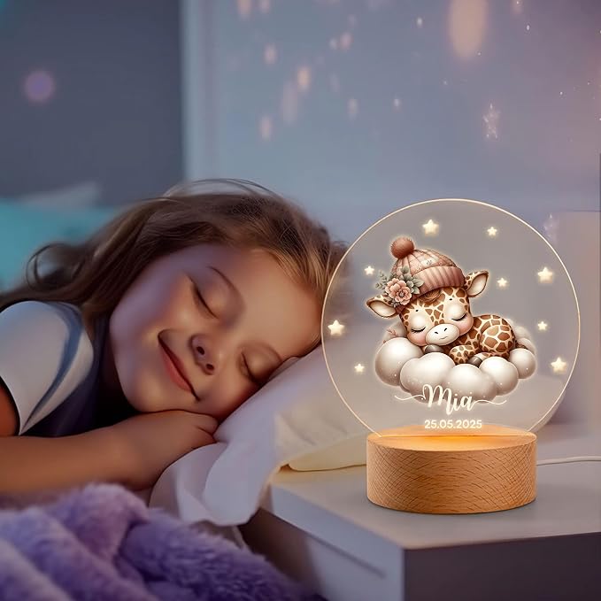 Personalized Sleeping Animals Night Light for Kids, Custom Name and Date LED Light with Wooden Base Nursery Decor Christmas Gift for Kids