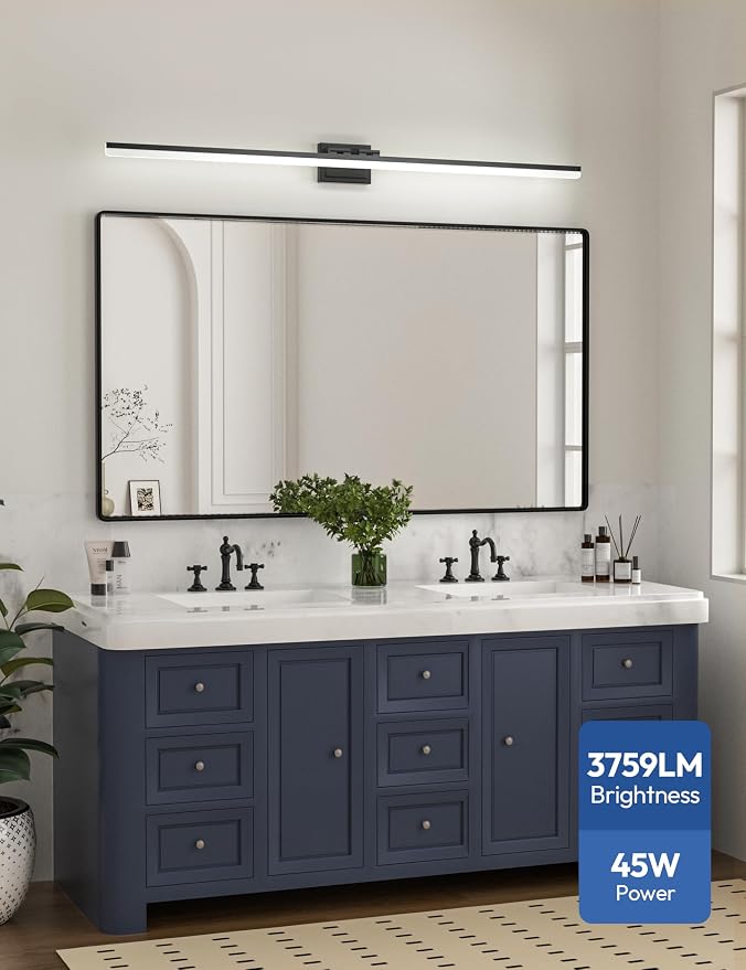 VOLISUN Modern Bathroom Vanity Light 55 inch, 45W Dimmable 5CCT Led Bathroom Light Fixture Over Mirror, Black Bar Vanity Light for Bathrooms Mirror Cabinets Bedroom
