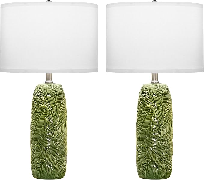 25" Green Ceramic Table Lamps for Living Room Set of 2 with Leaves Design | Retro Bedroom Nightstand Lamps, End Table Lamps, Farmhouse Home Decor Lamps, Green Lamps with White Shade, Premium Ceramic