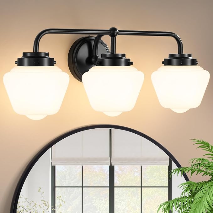 RUIYEY Bathroom Vanity Light Fixtures: 3-Light Black Vanity Lights for Bathroom Over Mirror, Farmhouse Wall Sconce Lighting with Frosted Milky Glass for Kitchen (Exclude Bulb)
