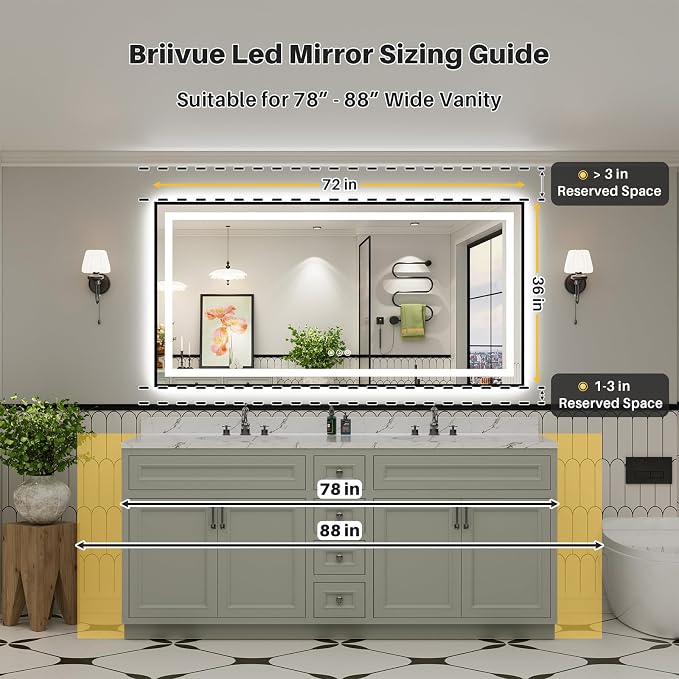 72x36 Inch LED Bathroom Mirror with Black Frame, Backlit & Front Lit | Anti-fog, 3 Color Dimmable, Memory Function, HD Reflection Tempered Glass, ETL Listed, IP54 Waterproof