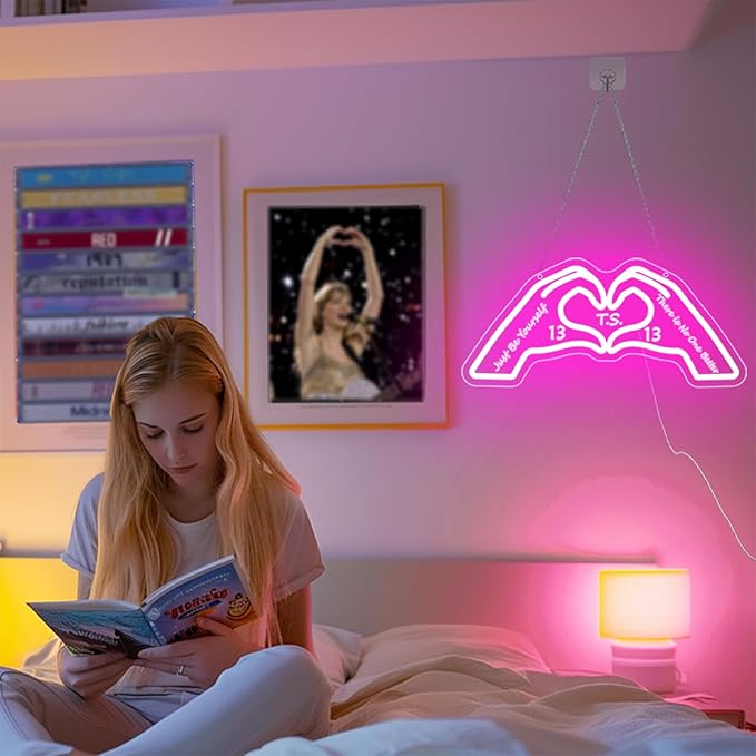Hand Heart Neon Sign, Music Merch Gifts for Girls, Gift for Fans, Music Lover, Christmas Birthday Boys Girls(Pink with Words)