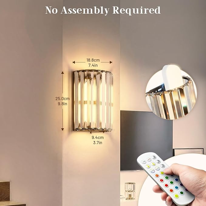 Black Battery Operated Wall Sconces Set of Two, Crystal Wireless Wall Light with Remote, Rechargeable Cordless Wall Lamp 12 RGB and 3 CCT Dimmable Decor for Bedroom Living Room Hallway