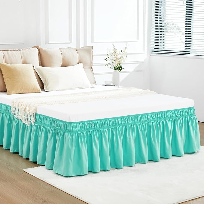 RIMELA Spa Blue Bed Skirt King Size 15 Inch Drop, Elastic Bed Skirting for Bed Base and Frame, Bedding Dust Ruffle Easy to Install, Lightweight Wrap Around Adjustable Bedskirt