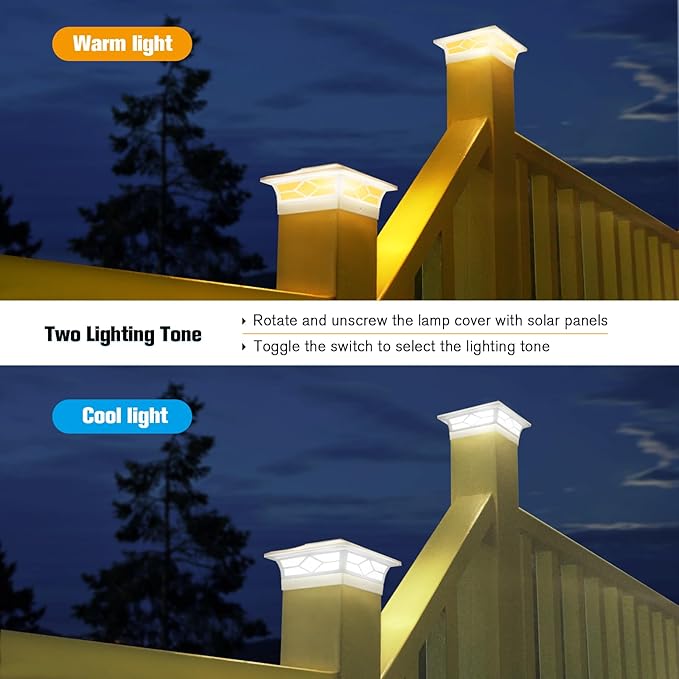 Solar Fence Post Lights, Cap Lights for 4x4/5x5 Vinyl Fence and 4x4/6x6 Wooden Post, Warm White/Cool White Lighting, White Solar Cap Outdoor Waterproof Decorate Garden Pathway Deck Patio