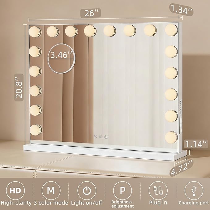 Large Vanity Mirror with Lights, 26"x20.9" Hollywood Mirror with 10X Magnification, 18 Dimmable LED Bulbs & 3 Color Lighting Modes Desk Wall-Mounted Makeup Vanity Mirror