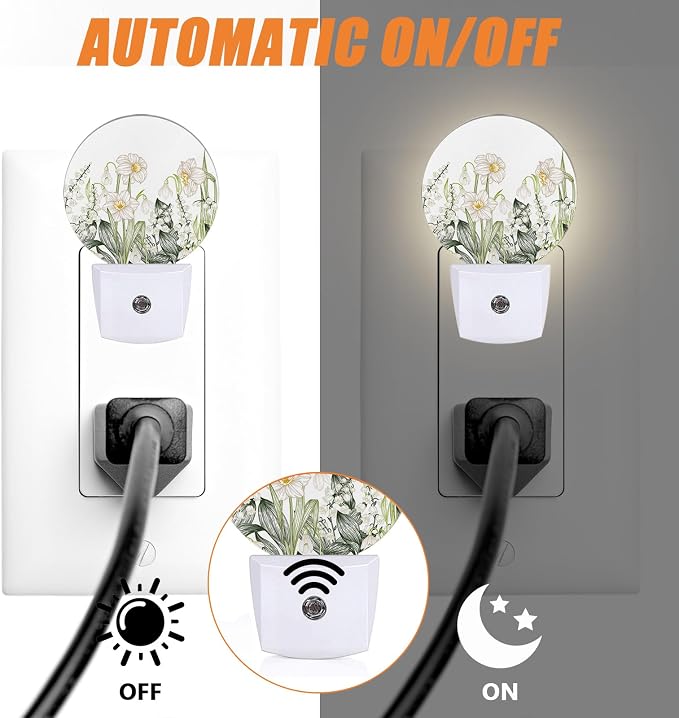 Water Lily Night Light,Vintage White Flower Nightlight Plug into Wall LED Lamp Auto Sensor Dusk to Dawn for Bedrooms/Kitchens/Toilets/Corridors,Energy-Saving