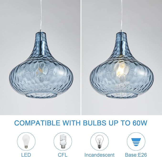 11 Inch Blue Hammered Glass Pendant Light Brushed Nickel Ceiling Lamp | Adjustable hanging cord, warm soft diffused light, decor for dining space, kitchen island, hallway and living room