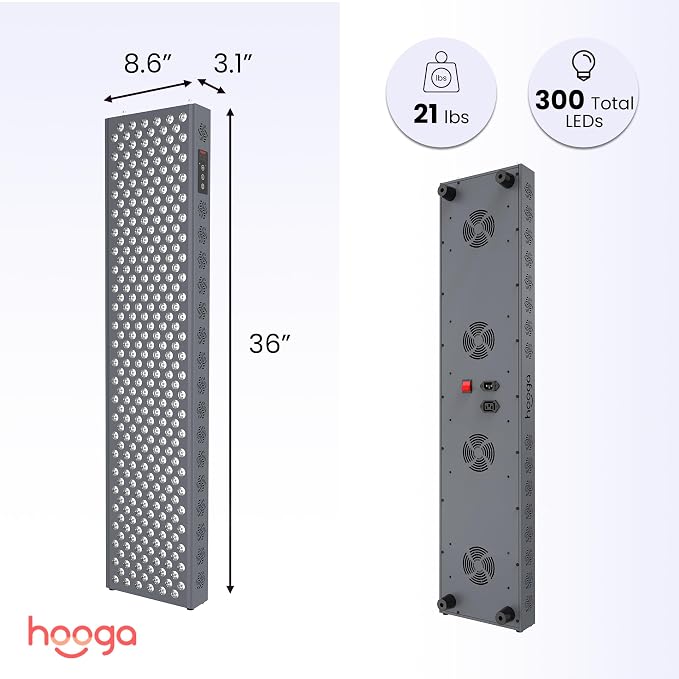 Hooga Red Light Therapy Panel Device – 660nm Red & 850nm Near Infrared Light Therapy, LED Light Therapy Lamp, 300 Dual Chip LEDs, Timer, Hanging Kit Included – PRO1500