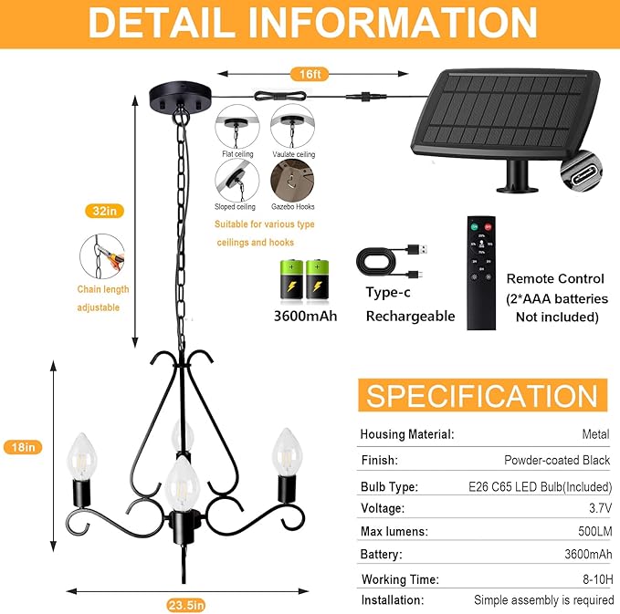 Solar Chandelier Outdoor, 4-Lights 23" Rustic Farmhouse Industrial Iron Chandeliers Waterproof Dimmable Hanging Pendant Lights for Gazebo, Pergola, Canopy, Tent Decor
