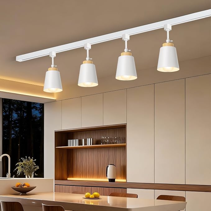 H Type Track Lighting Heads with Lamp Shade, White 4 Pack -No Bulbs | E26 Track Light Ceiling Modern for Kitchen, Compatible with H Track Lighting Rail System, Wood Style Pendant Light Fixtures