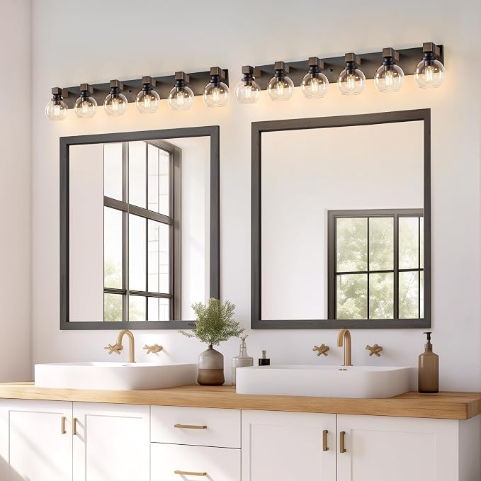LmnLvn Bathroom Light Fixtures, Farmhouse Wood & Metal with Globe Glass | 6-Light Rustic Vanity Lights,Easy To Install, Mounted Over Mirror for Bathroom, Bedroom & Hallway
