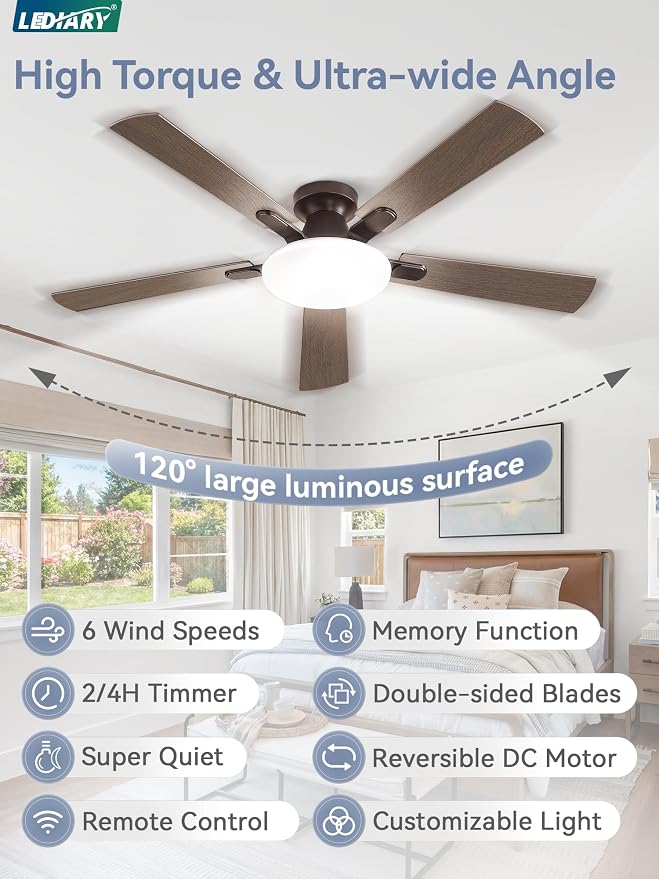 LEDIARY 60 Inch Flush Mount Ceiling Fans with Lights, Remote & APP Control | 3CCT,Stepless Dimmable,Memory Function,Timer,6-speed,Reversible Blade, Quiet DC Motor, Damp-Rated, Living Room, Covered Patio