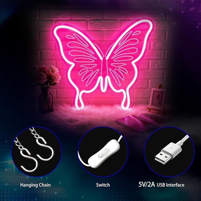 Neon Sign, Butterfly Neon Signs for Wall Decor LED Signs Neon Light | Butterfly Neon Sign, Pink LED Signs for Bedroom, Living Room, Party, Club, Bar, Home Decor, Pink Decor, Gift, USB Powered
