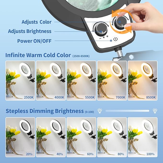 HITTI 12X Magnifying Glass with Light Hands Free, 2026 New Upgrade Infinite Color and Brightness Magnifying Desk Lamp & Clamp, 2-in-1 LED Lighted Magnifier Stand for Craft Reading Hobby Close Work