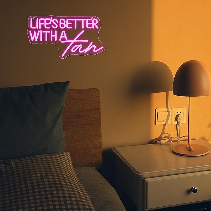 Allball Life’S Better With A Tan Neon Sign, USB Powered Dimmable LED Neon Light, for Summer Tanning Home Room Wall Decor Tropical Vacation Decor, Office Or Gift for Summer Lovers(14.1 * 7.8 In)
