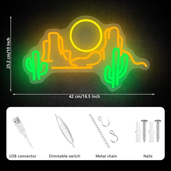 Cactus Mountain Neon Sign, Sunset Neon Signs for Wall Decor, Dimmable Led Signs for Bedroom, Western Landscape Light Up Signs for Bar Kids Room Man Cave Game Room Gaming Wall Birthday Gift